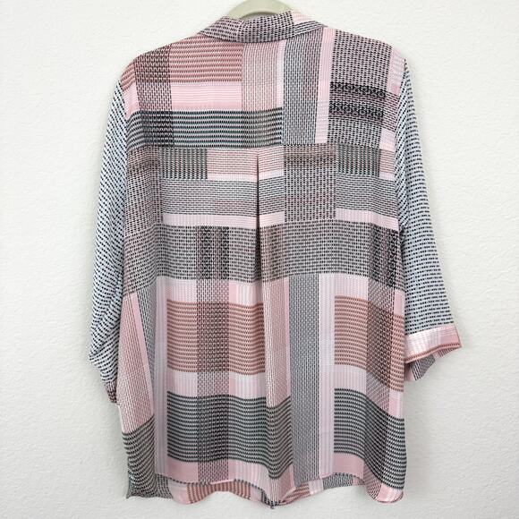 Rose + Olive Womens Button Front Shirt Top Size 2X Chiffon Geo Plaid Flowy Pink - Picture 3 of 7
